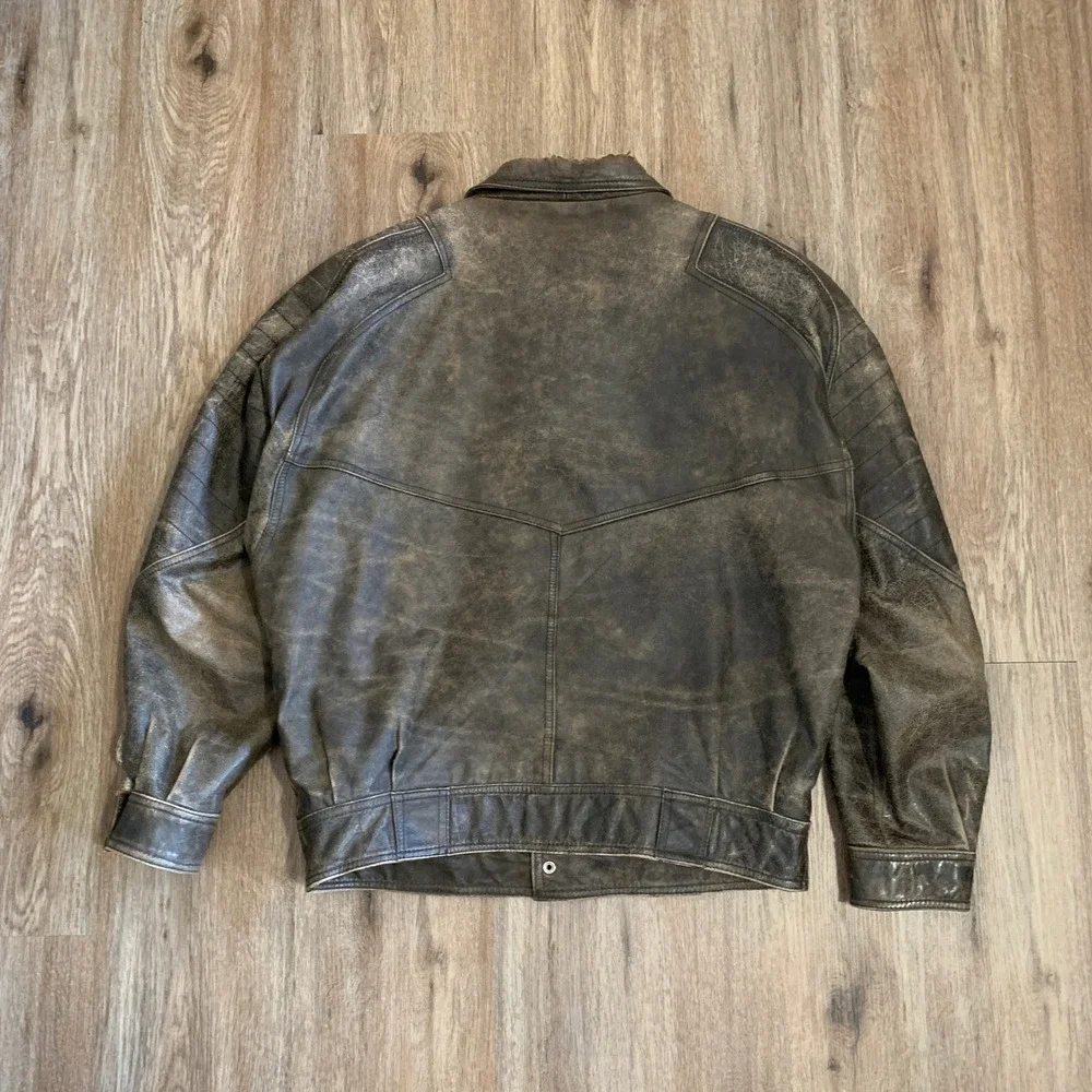 Rare Vintage 70s German brown leather moto bomber jacket - size large mens